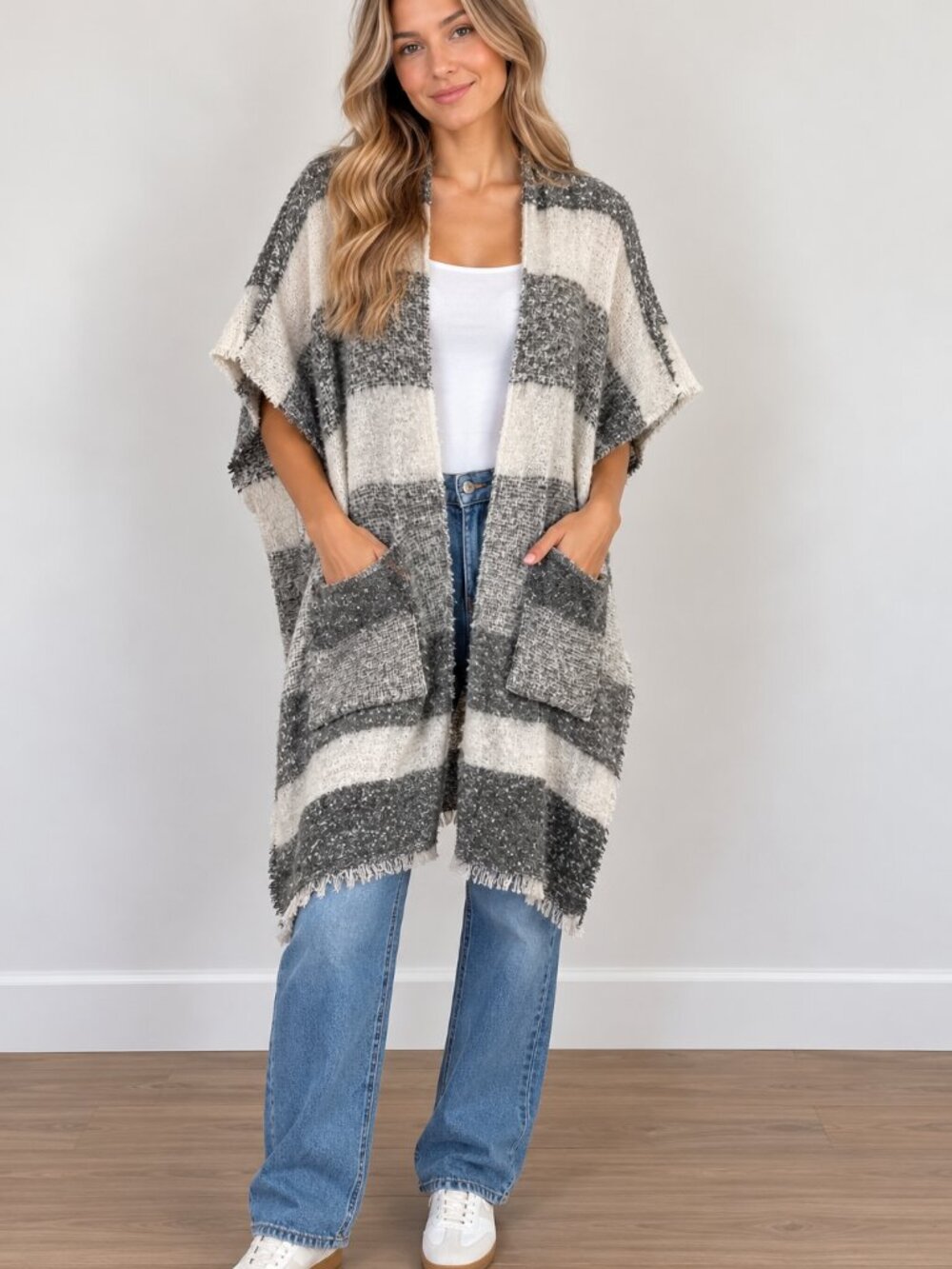 aerie Gray & White Striped Open Poncho with Pockets